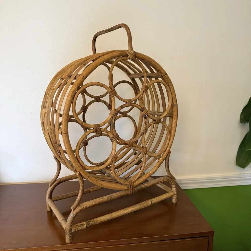 Rattan Bamboo Round Freestanding Wine Rack Bottle Holder Handle 7 Bottle 16